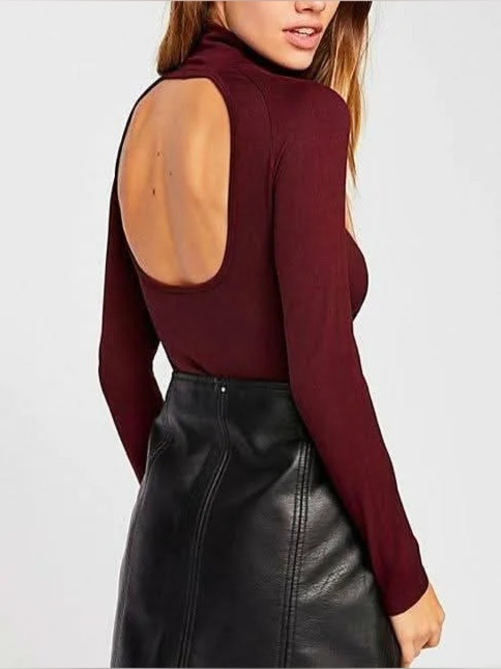 NWT Free People Open-Back Ribbed Turtleneck Top in Burgundy